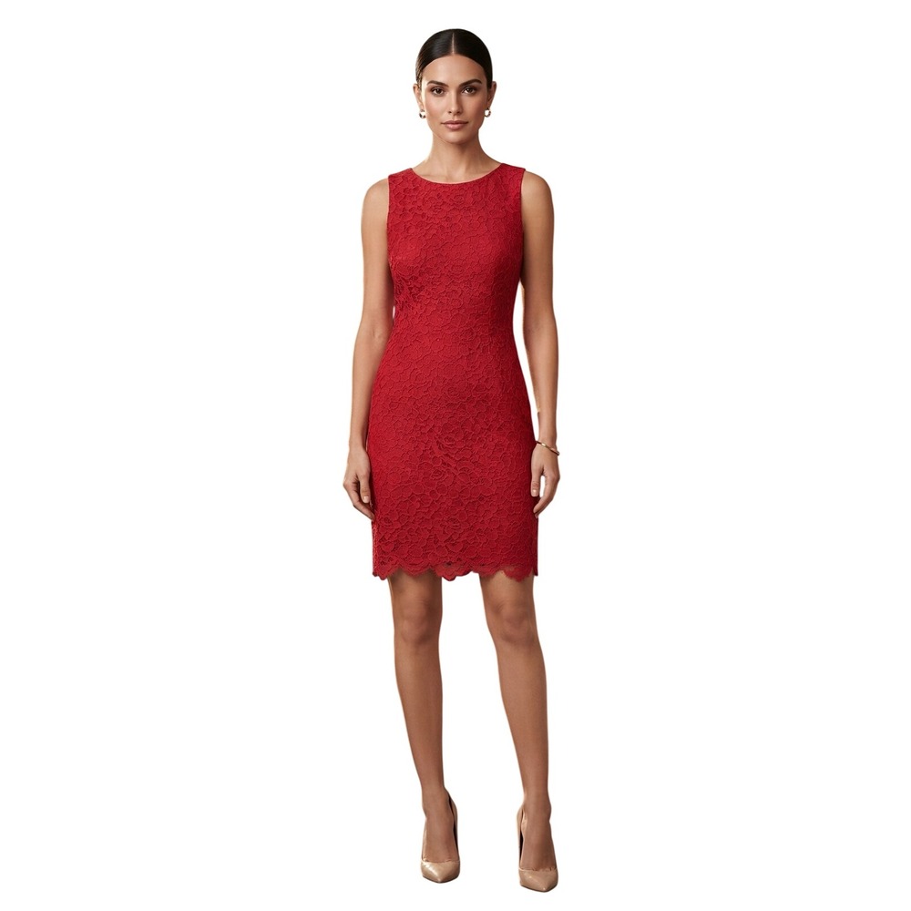 Chaps Dress Red Floral Lace Sleeveless Sheath Cocktail Wedding Guest 2‎